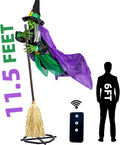 Green-faced witch on a broom mounted on an 11.5 ft pole stand next to a 6 ft silhouette and a remote