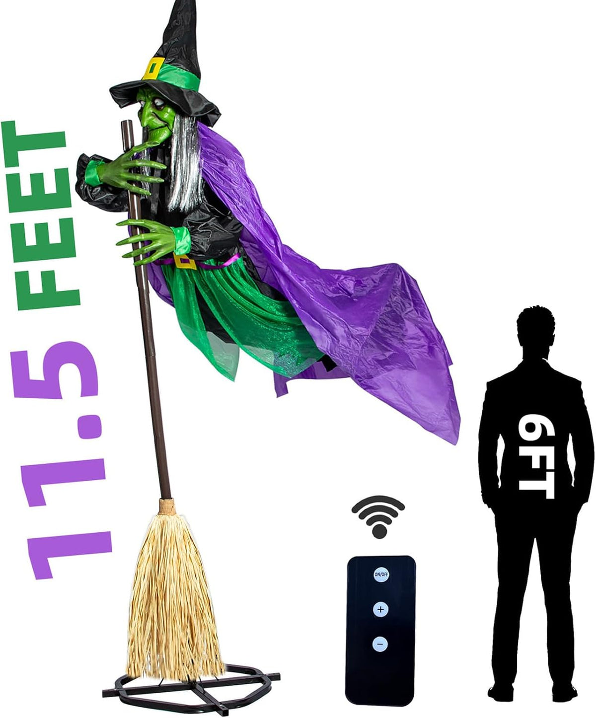 Green-faced witch on a broom mounted on an 11.5 ft pole stand next to a 6 ft silhouette and a remote