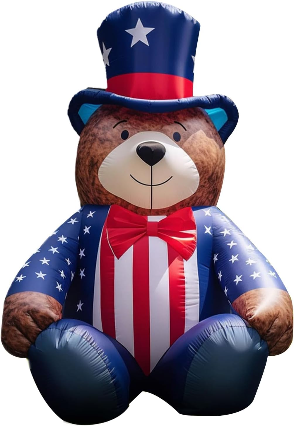 Brown teddy bear inflatable in a stars-and-stripes top hat and jacket with a red bow tie