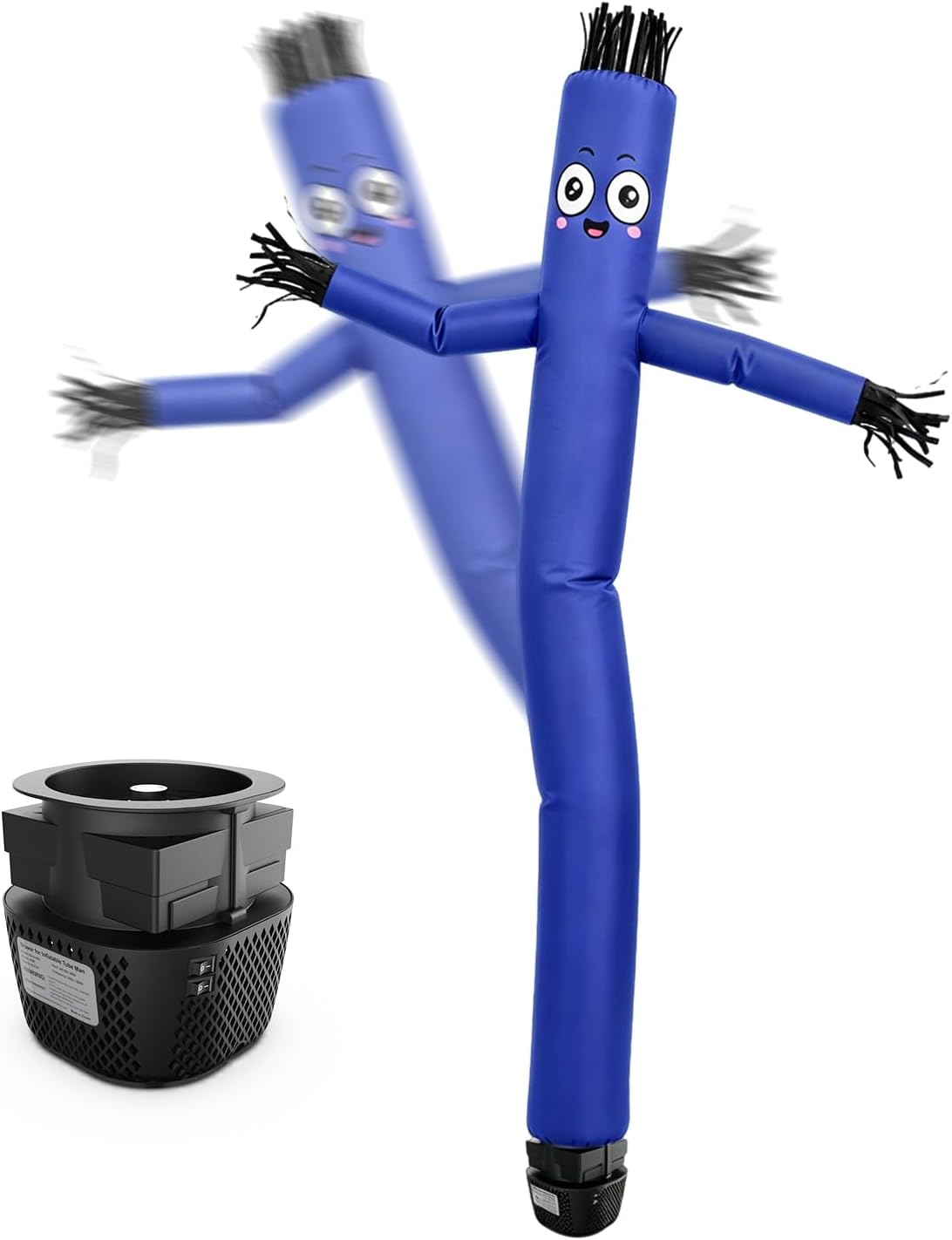 Blue tube man inflatable with a smiling face and waving arms beside a black blower