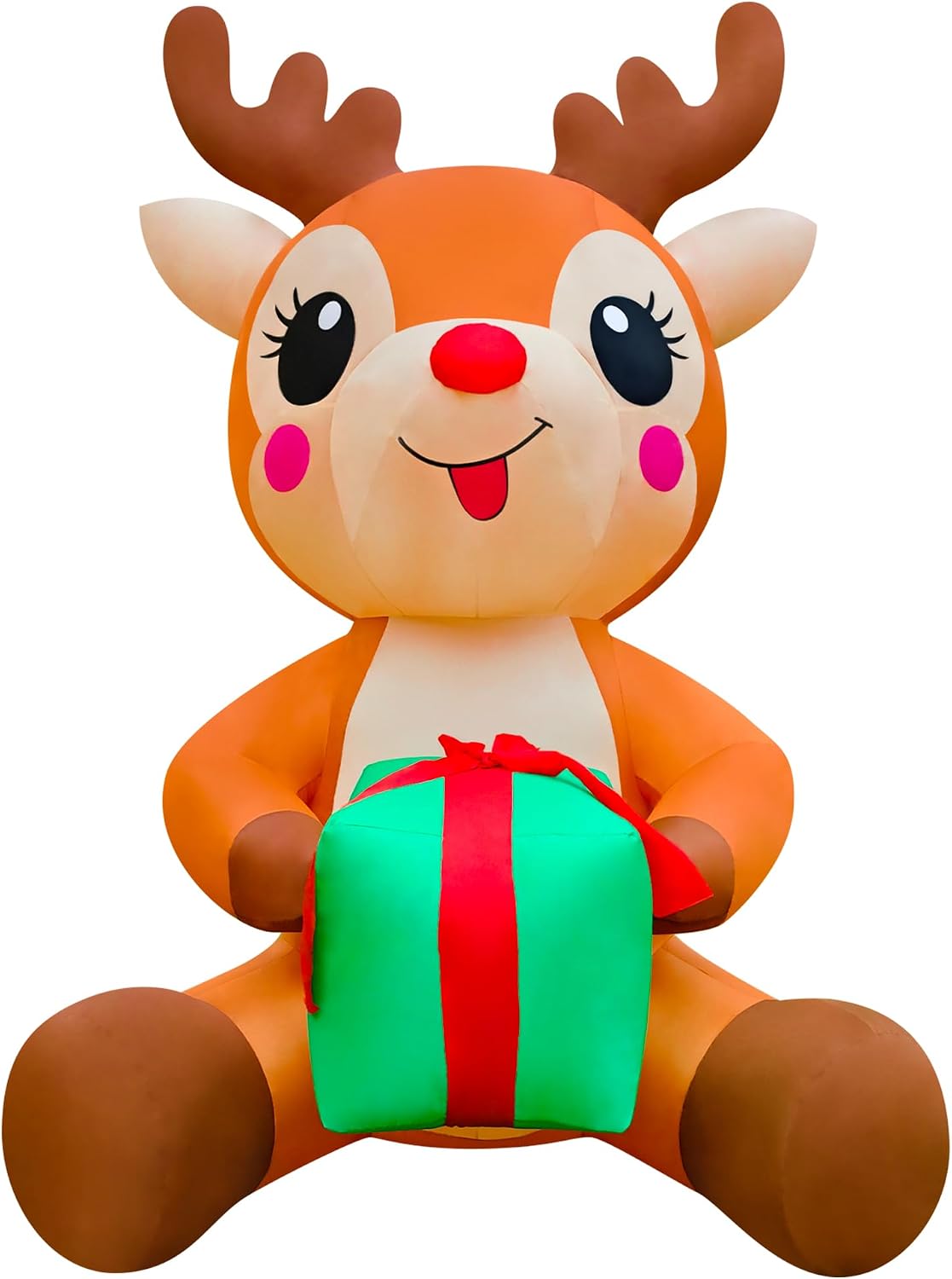 Giant cartoon reindeer inflatable sitting and holding a green gift box