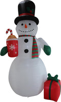 Tall snowman inflatable in a top hat holding a red hot cocoa mug with a red gift at its feet