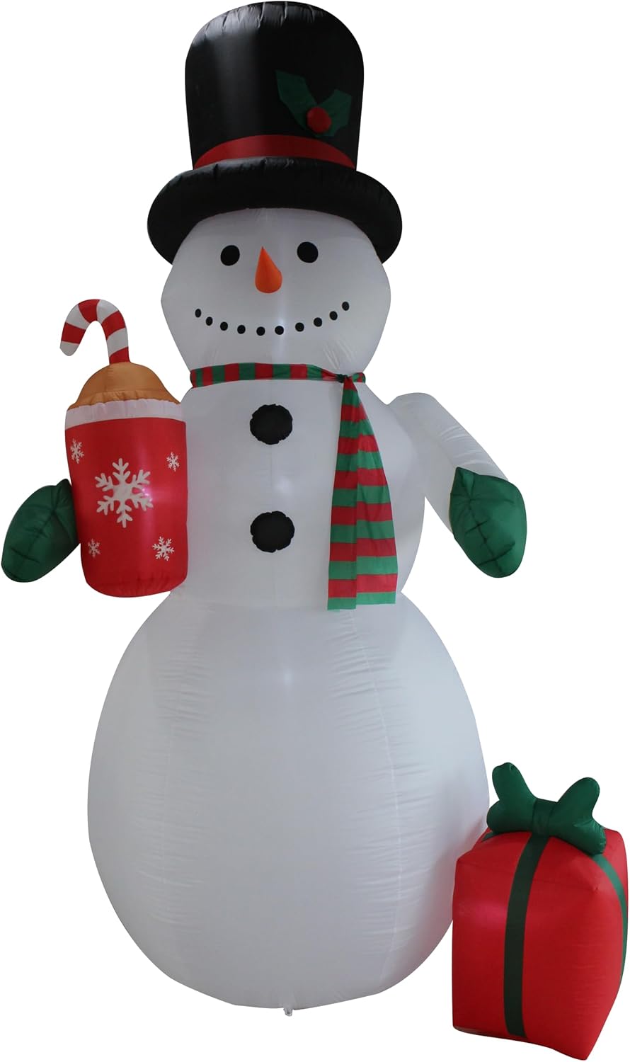 Tall snowman inflatable in a top hat holding a red hot cocoa mug with a red gift at its feet