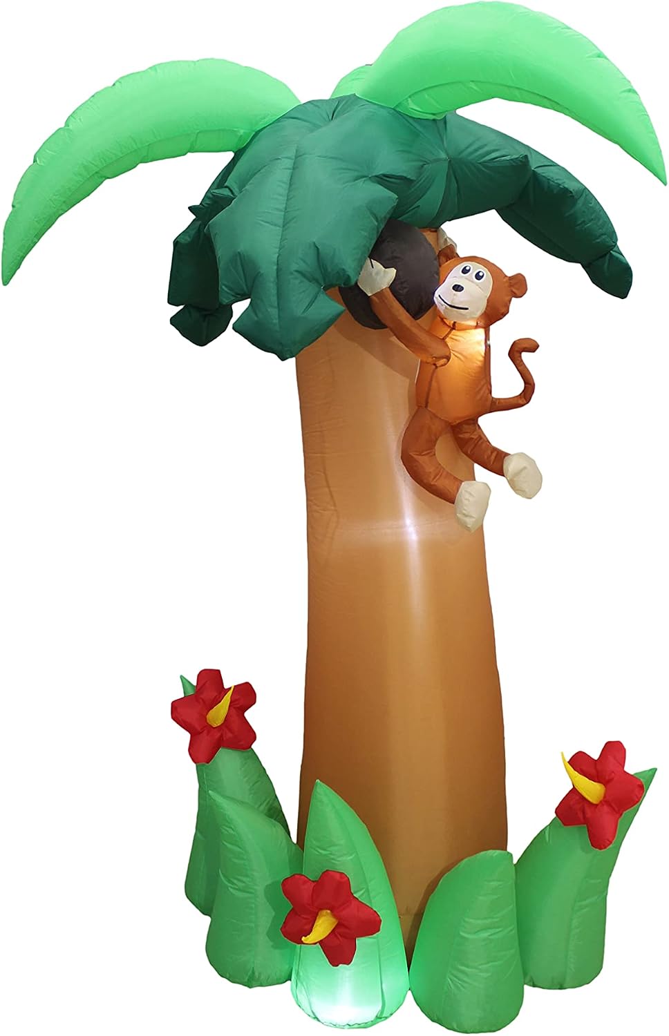 Palm tree inflatable with a monkey climbing the trunk and red flowers at the base