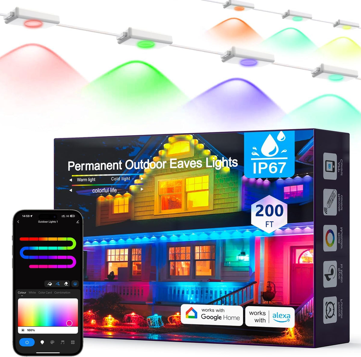 Permanent outdoor eave light pods in several colors with the product box and a phone app