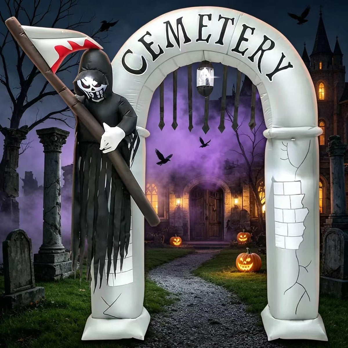 Gray Cemetery gate arch inflatable with a hooded reaper at one side and a graveyard path behind
