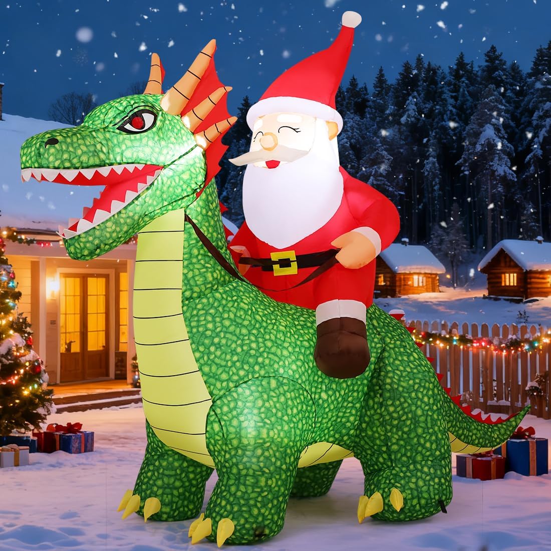 Santa riding a spiky green dinosaur with red horns inflatable in a snowy yard