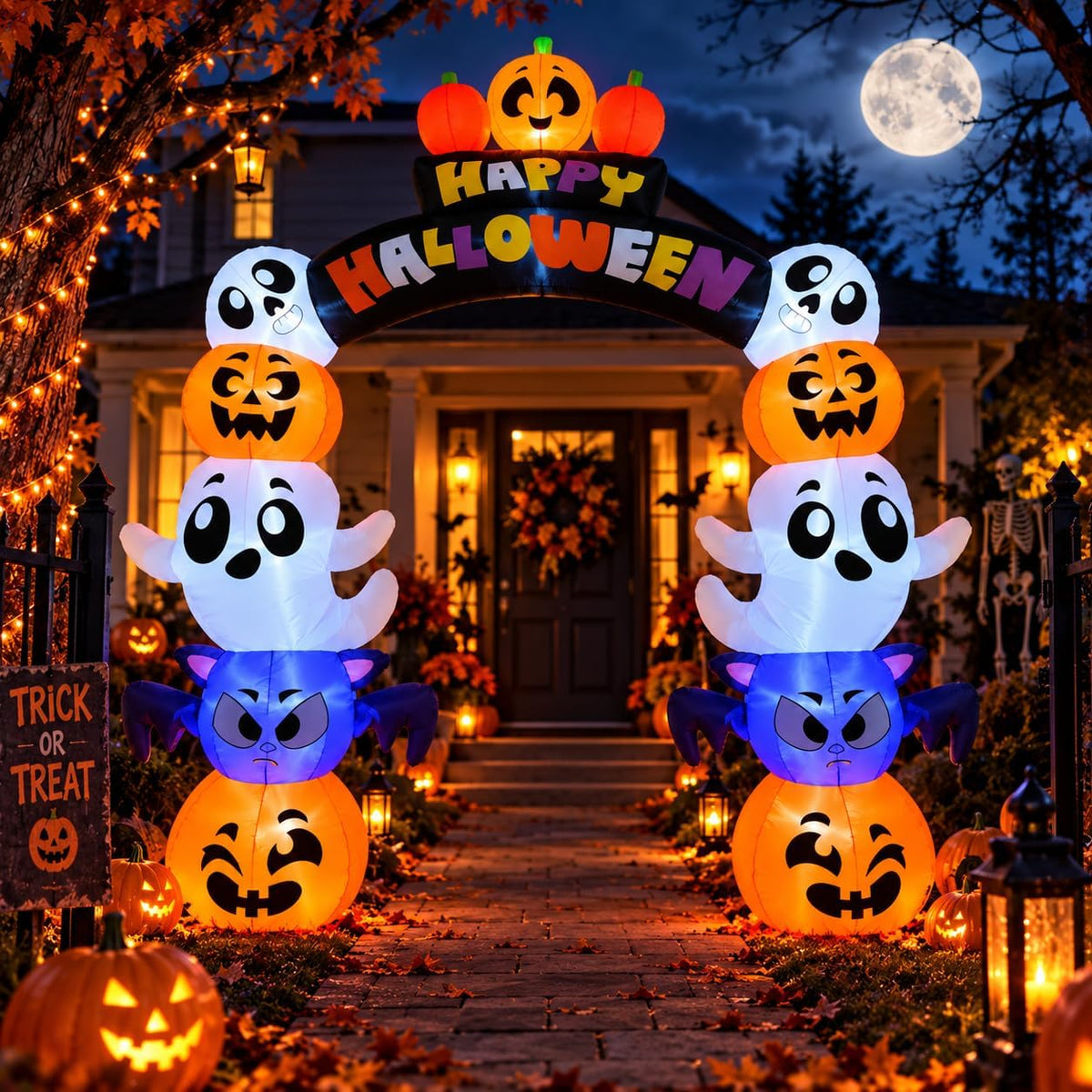 Happy Halloween arch inflatable with columns of ghosts and pumpkins over a front walk at night