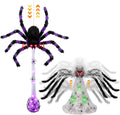 Two hairy animated Halloween spiders, one purple and black and one gray, with a glowing egg sac