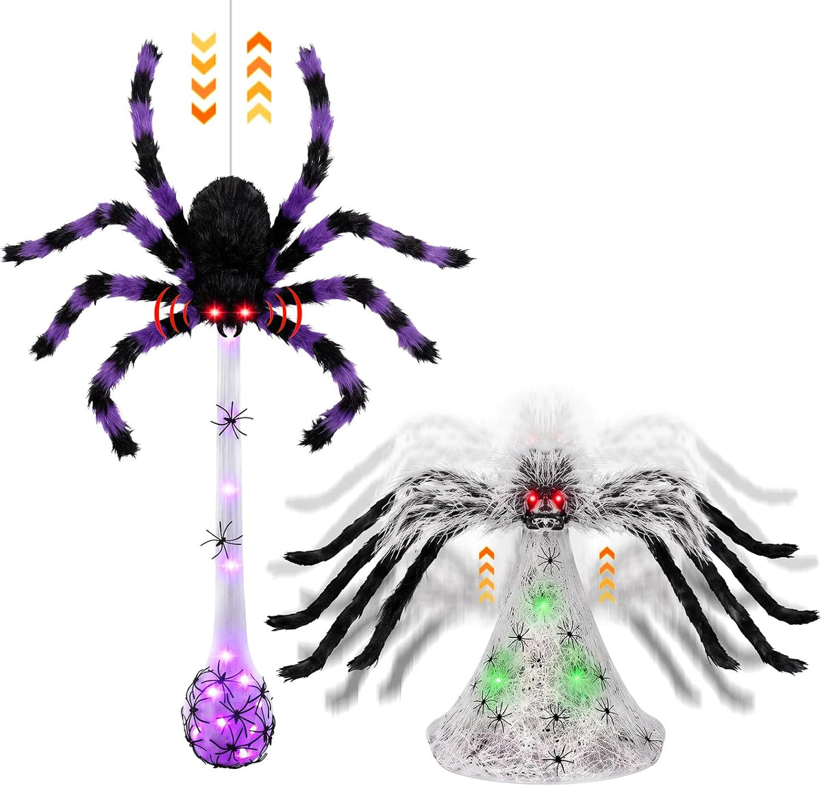 Two hairy animated Halloween spiders, one purple and black and one gray, with a glowing egg sac