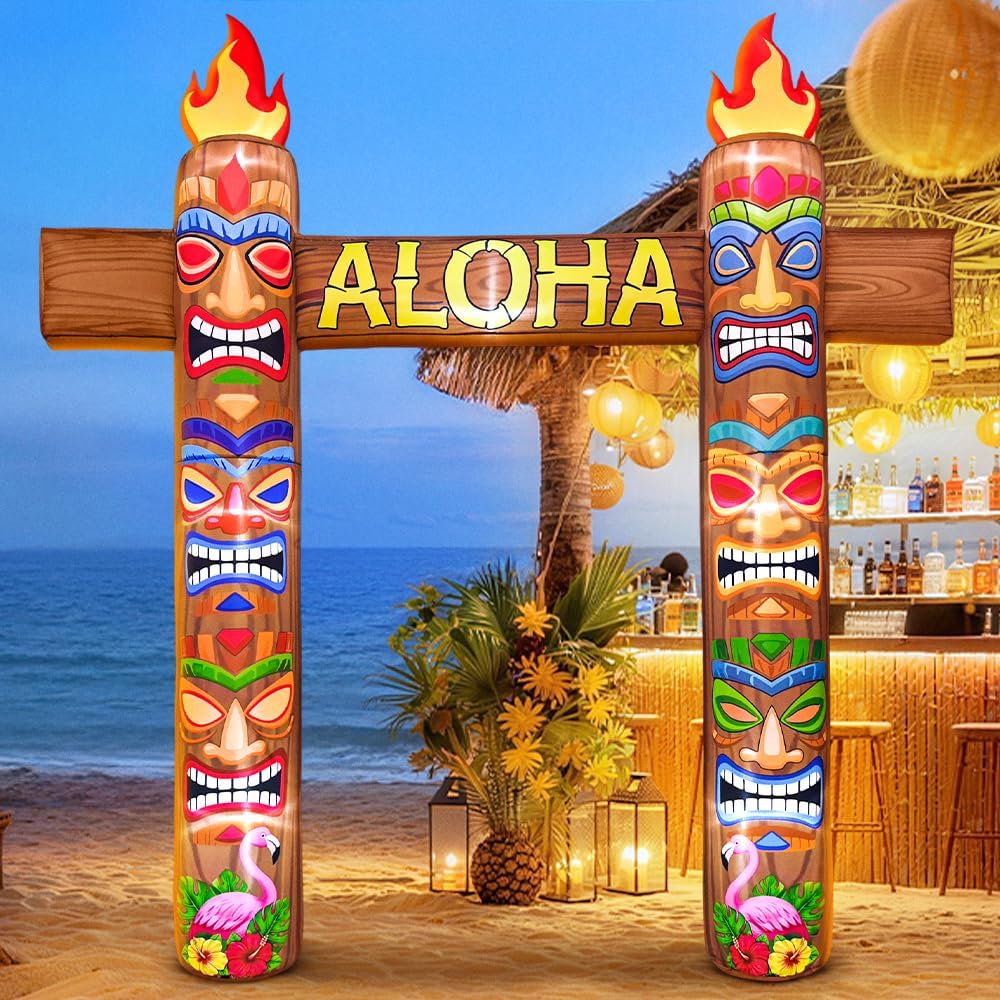 Tiki pole arch inflatable with torch tops and an ALOHA sign at a beach bar
