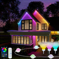 House outlined in rainbow permanent LED pods with close-ups of the lights, app and remote
