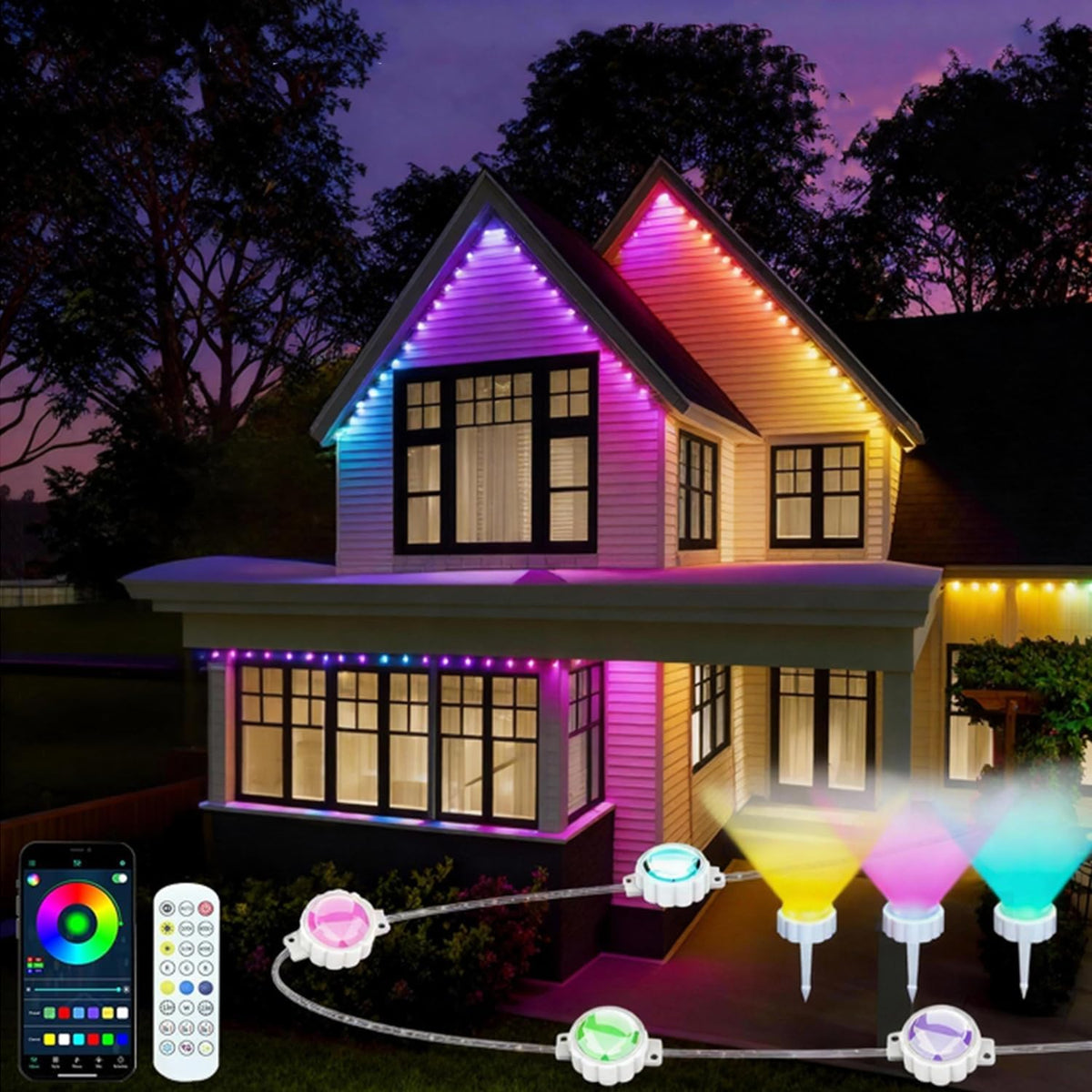 House outlined in rainbow permanent LED pods with close-ups of the lights, app and remote