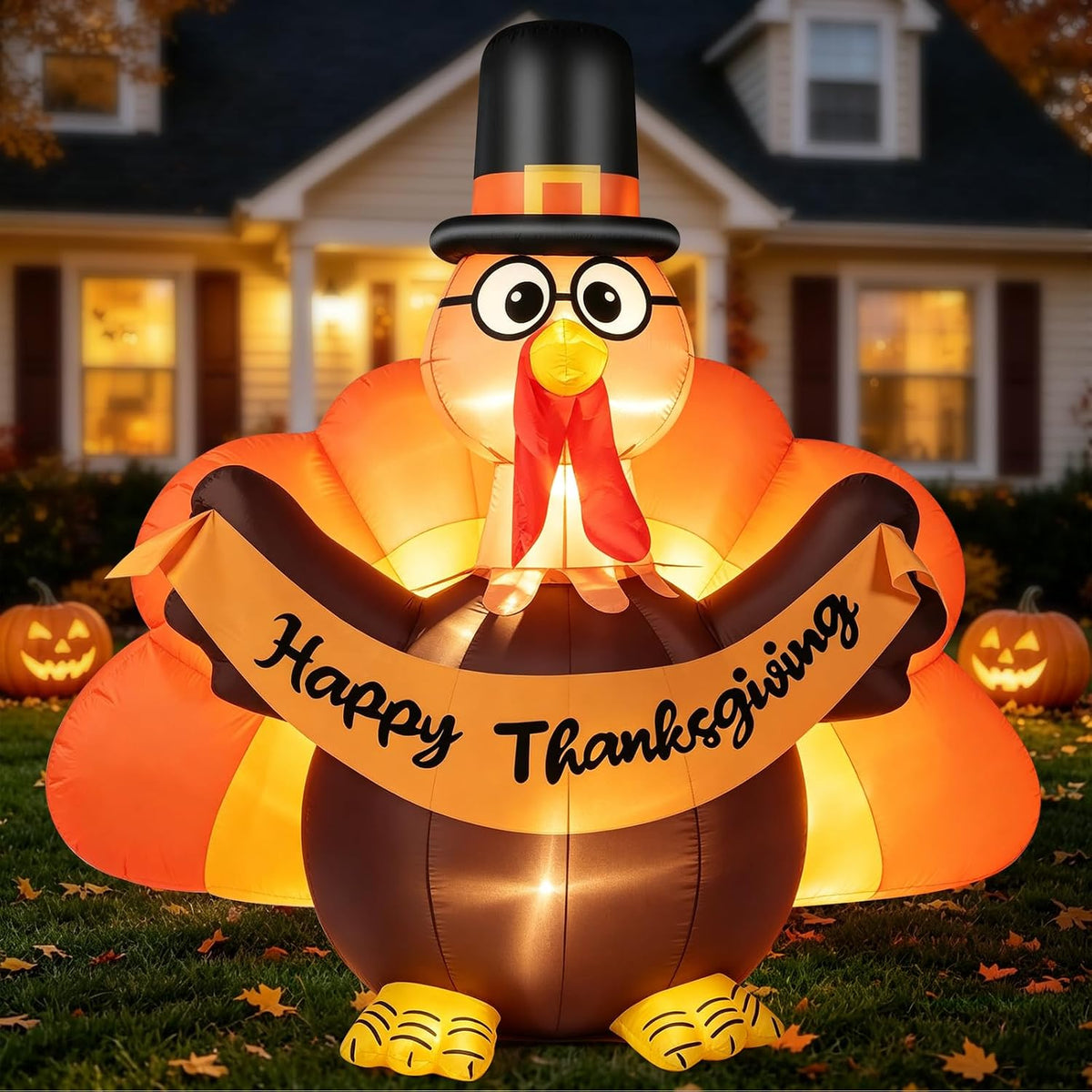 Turkey inflatable in glasses and a pilgrim hat holding a Happy Thanksgiving banner at dusk