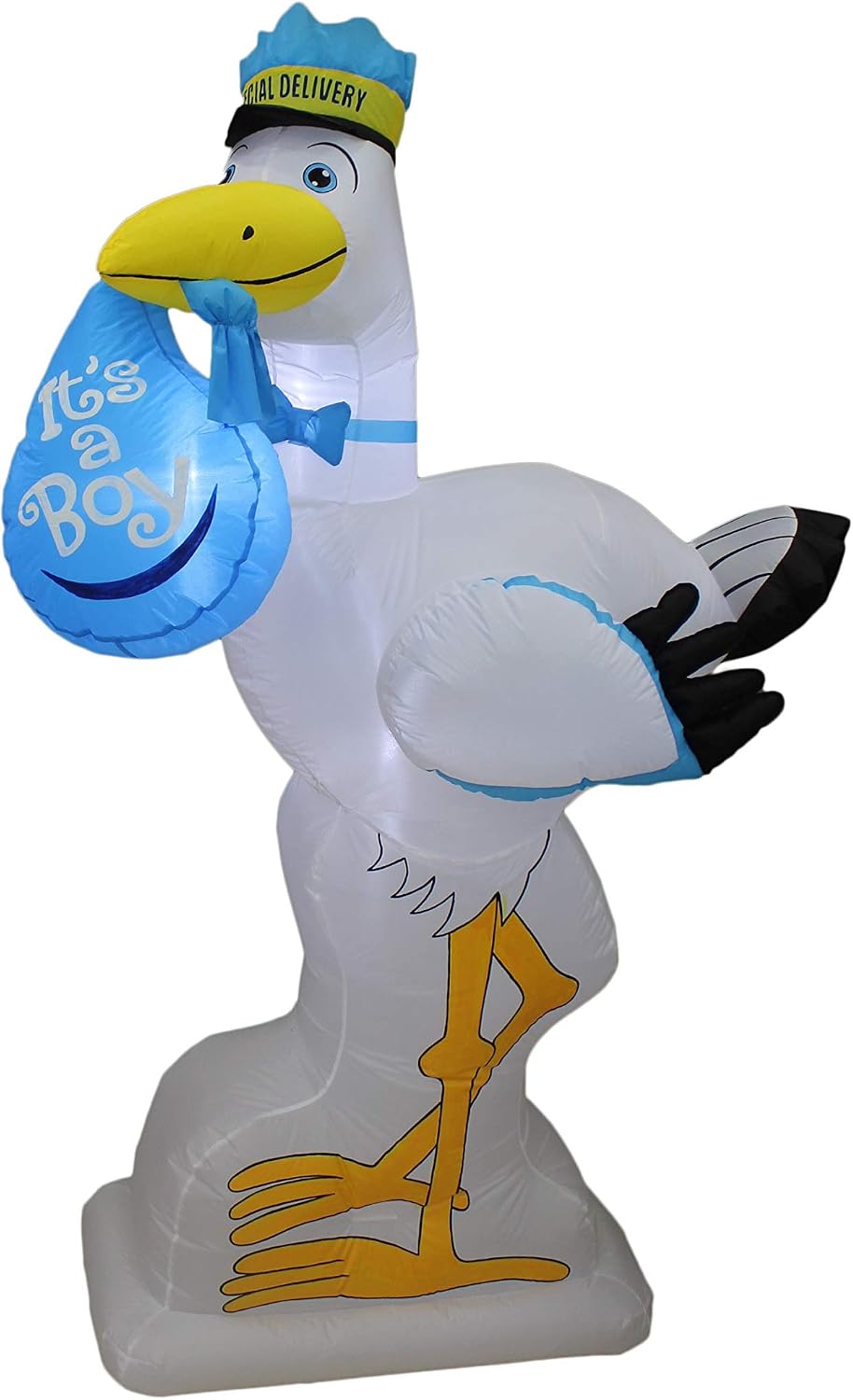 White stork inflatable in a blue cap carrying a blue It's a Boy bundle