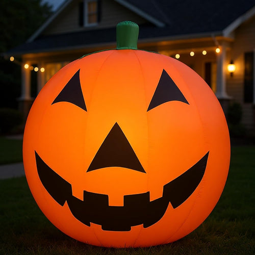 Giant glowing jack-o'-lantern inflatable with a carved grin in a yard at night