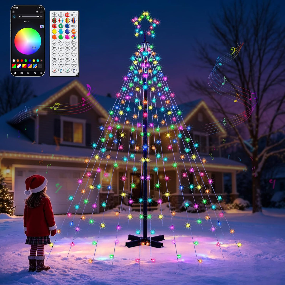 Multicolor LED pole Christmas tree with a star in a snowy yard with a child, app and remote