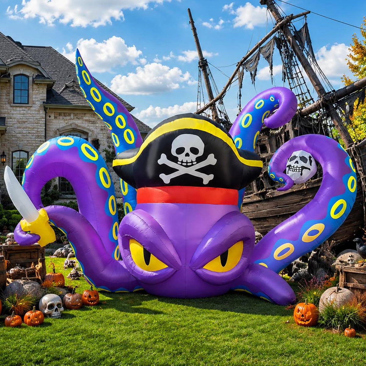 Purple octopus inflatable in a pirate hat waving tentacles and a cutlass in a yard with a ship behind