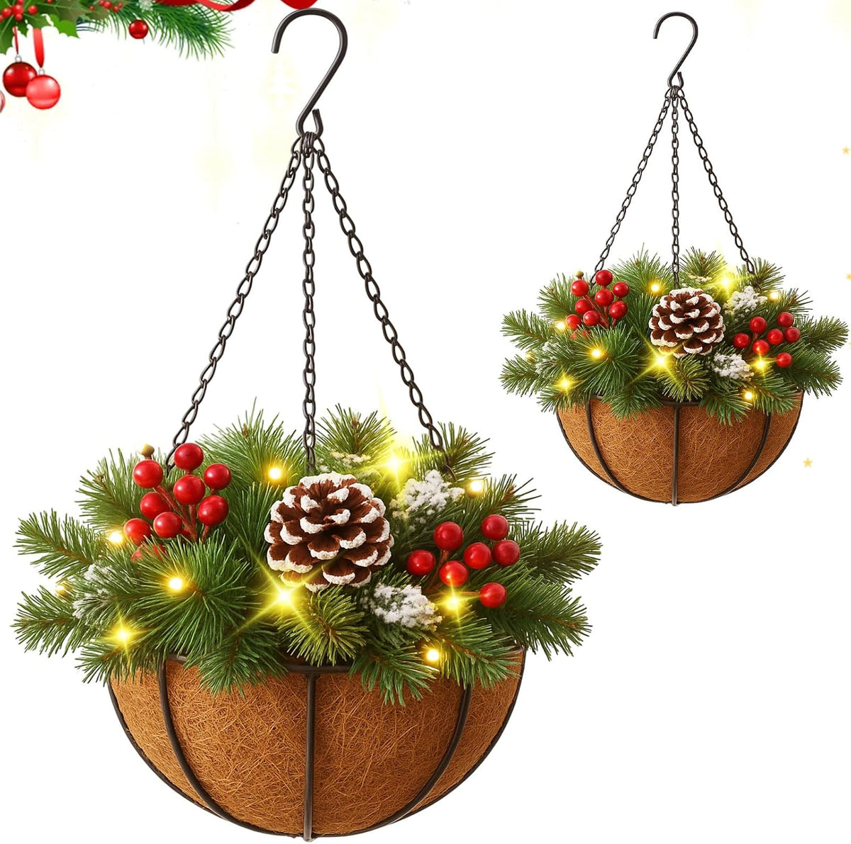 Two Christmas hanging baskets with faux pine, red berries and pine cones hanging from chains