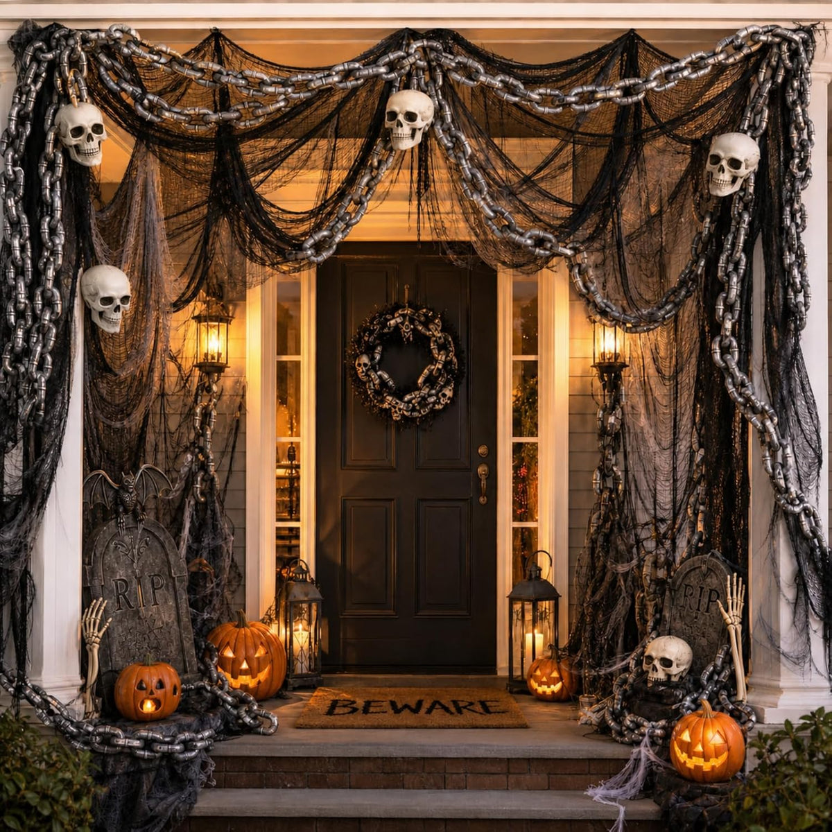 Front porch draped in black creepy cloth with chains and skulls around the door