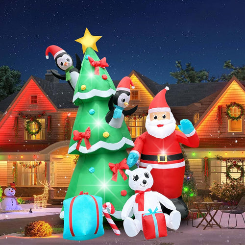 10 ft Christmas Tree with Santa and Penguin Inflatable