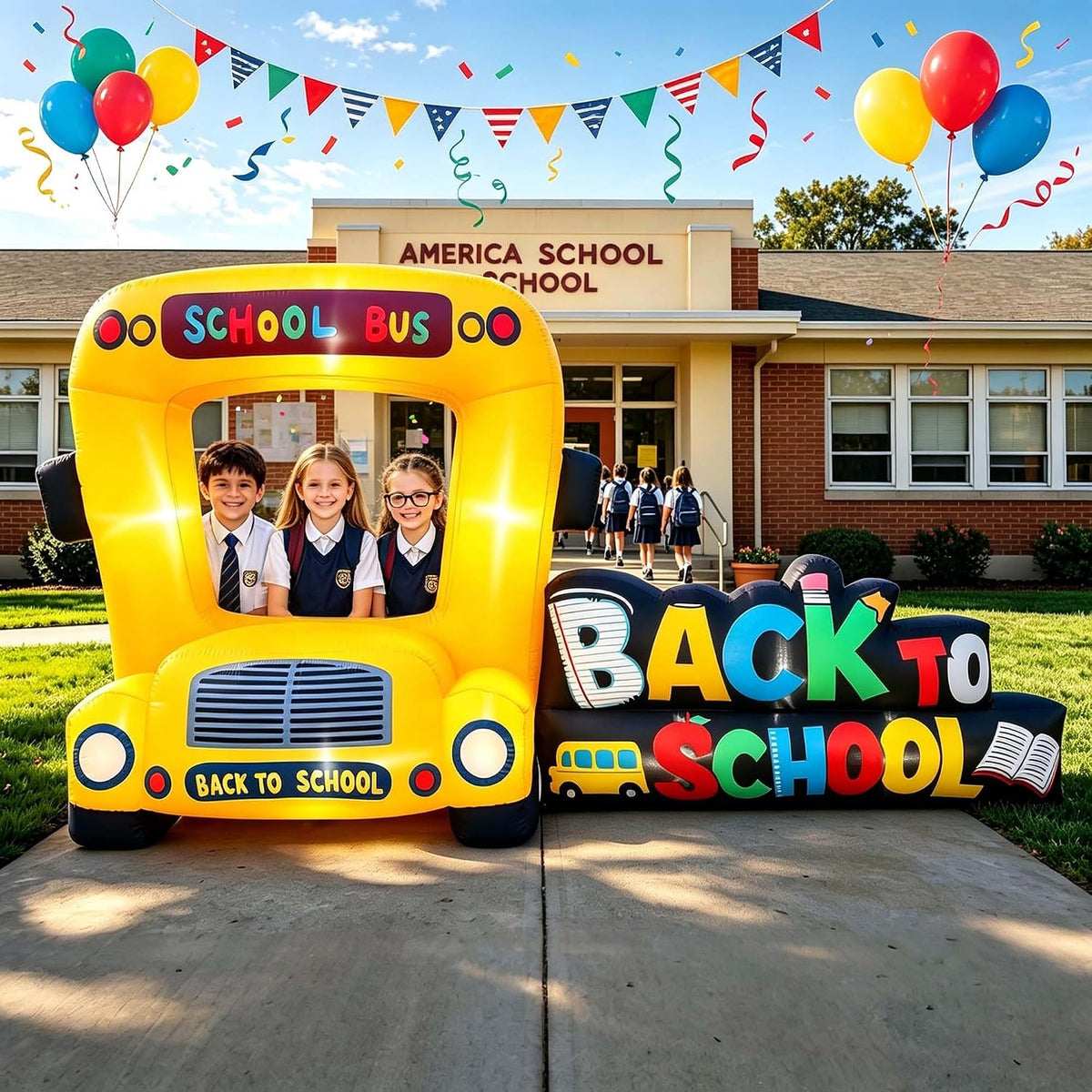 Yellow school bus photo booth inflatable with kids posing in the windows beside Back to School letters