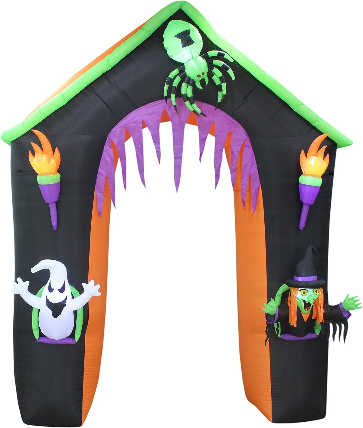 Black haunted house arch inflatable with a green roof, a ghost, a witch and a spider