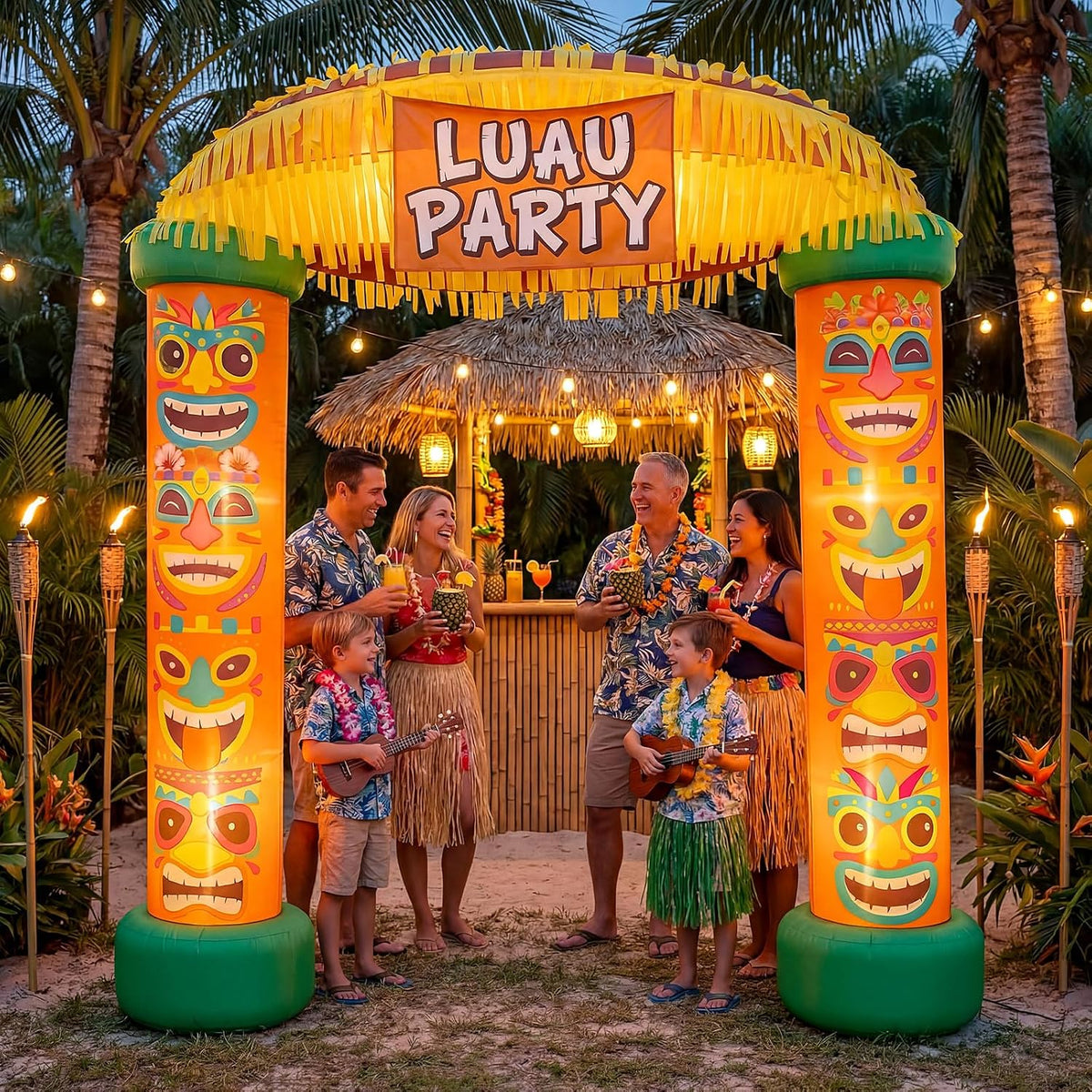 Tiki column arch inflatable with a Luau Party sign and grass roof at a beach party