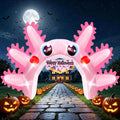 Giant pink axolotl arch inflatable with a Happy Halloween sign over a stone path with pumpkins