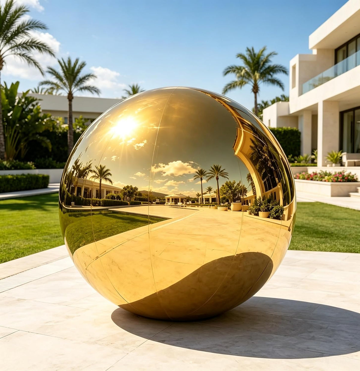 Large shiny gold inflatable mirror ball on a patio with palm trees