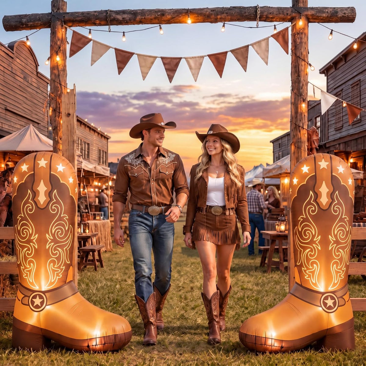 Two tall tan cowboy boot inflatables flanking a western town entrance with a couple walking between them