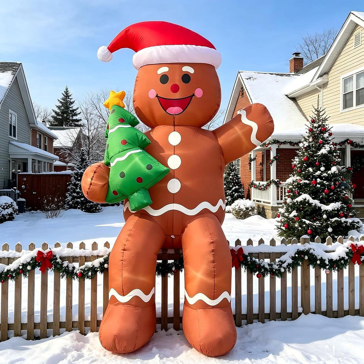 Gingerbread man inflatable in a Santa hat sitting on a fence holding a small Christmas tree